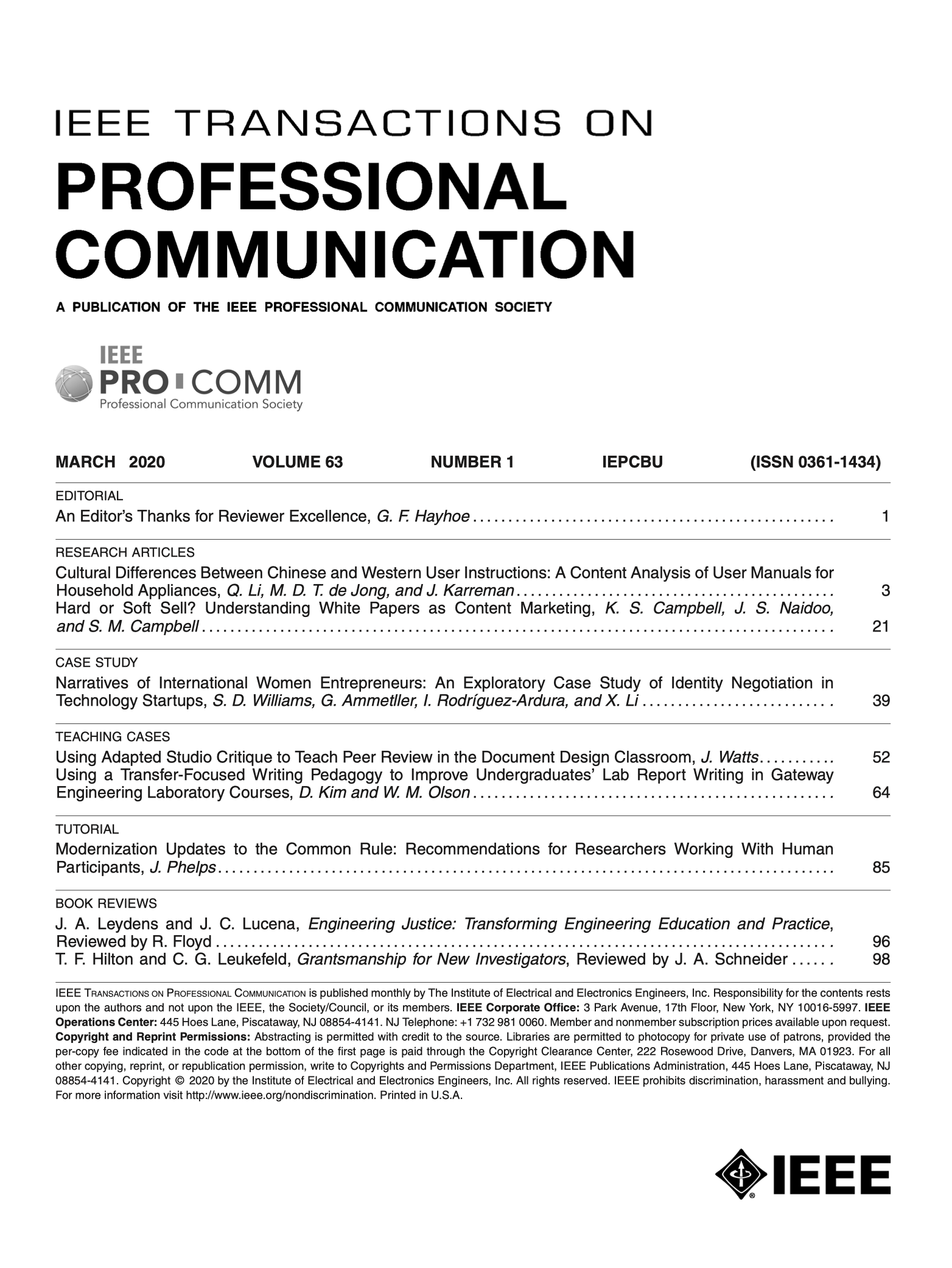 Volume 63 Number 1 March Of Ieee Transactions On Professional Communication Now Available Ieee Professional Communication Society