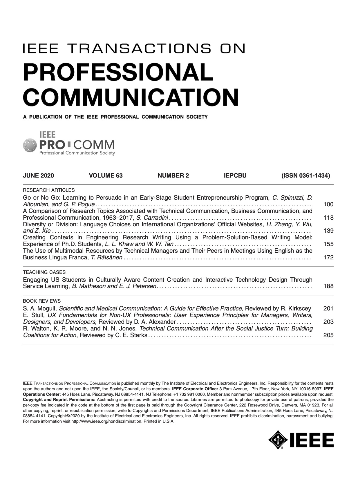 The June 2020 of IEEE Transactions on Professional Communication is Now