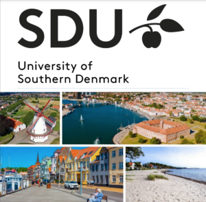 Decorative graphic that says "SDU: University of Southern Denmark" with four photos of the city.
