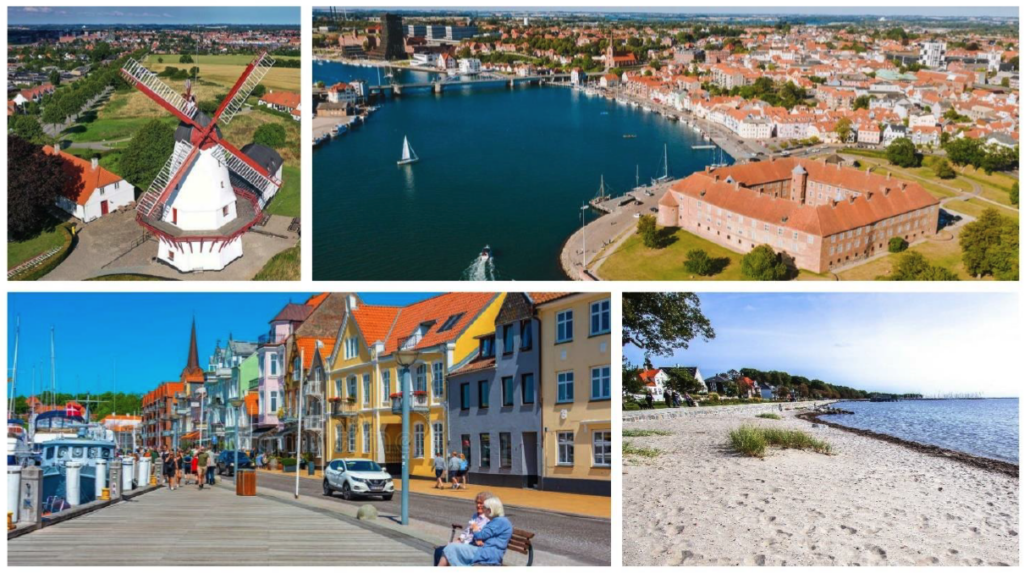 Decorative collage showing aspects of Sonderborg, Denmark. Windmill, waterfront, boardwalk at the waterfront, beach.