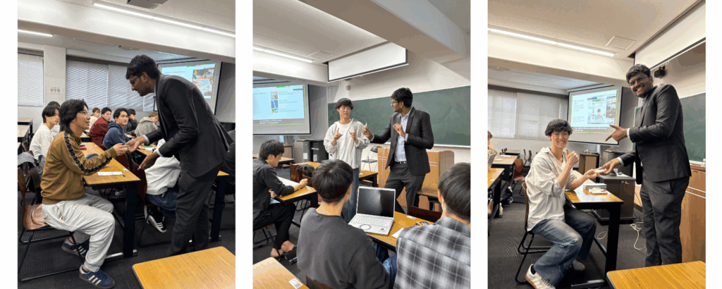 A set of three photos showing Aravindhan Anbazhagan, a ProComm Board member, interacting with students at the Japan ProComm event in April 2025.